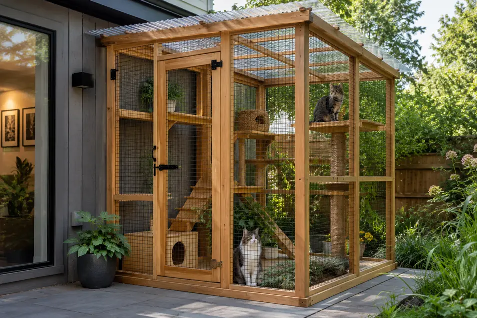 DIY freestanding wooden catio beside a modern home, featuring climbing shelves, ramps, and perches where cats relax in a secure backyard enclosure.