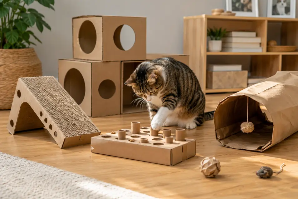 Curious tabby cat exploring a DIY indoor enrichment area with cardboard play structures, a homemade puzzle feeder, paper bag tunnel, and simple toys.