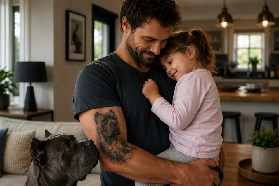 Father embraces his daughter at home, proudly displaying a Cane Corso tattoo that honors the loyal companion waiting for them every day.