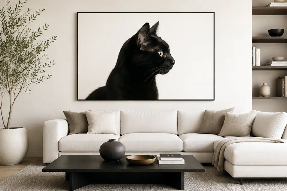 Minimalist modern living room with a large framed black cat portrait, neutral tones, soft natural light, and elegant contemporary decor.