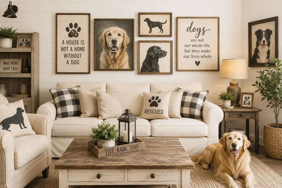 Farmhouse-style living room with neutral tones, rustic wood furniture, cozy textiles, and dog-themed artwork, pillows, and decor throughout.