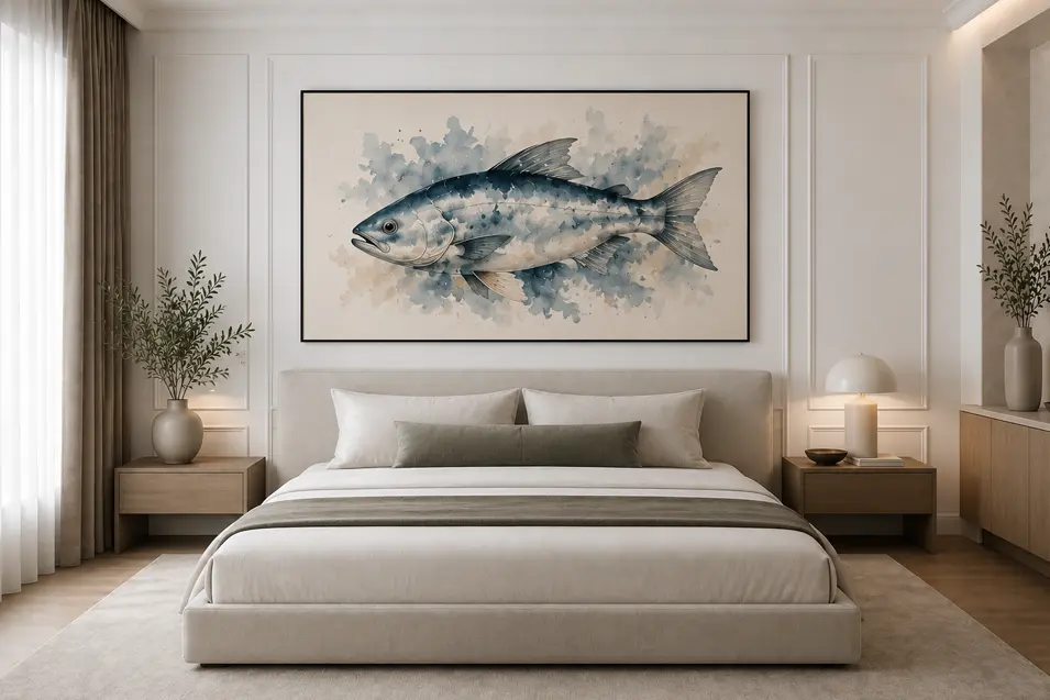 Minimalist bedroom with a large watercolor fish print, soft neutral tones, elegant furnishings, and a calm, contemporary luxury aesthetic.