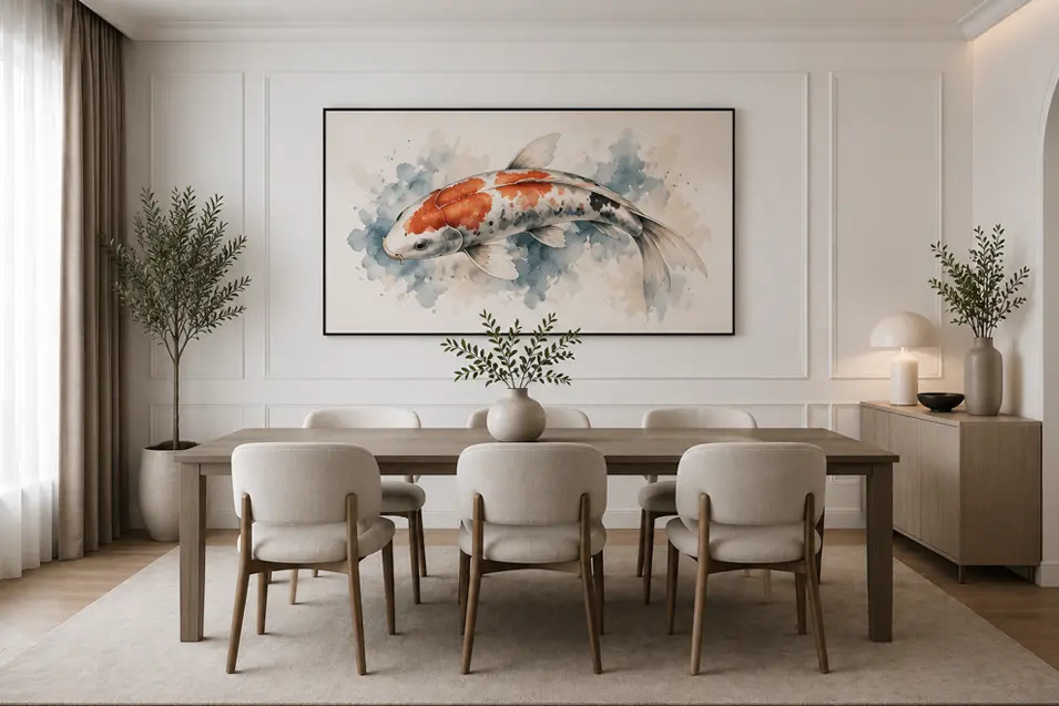 Minimalist dining room with a large watercolor koi print, soft neutral palette, handcrafted furniture, and elegant contemporary styling.