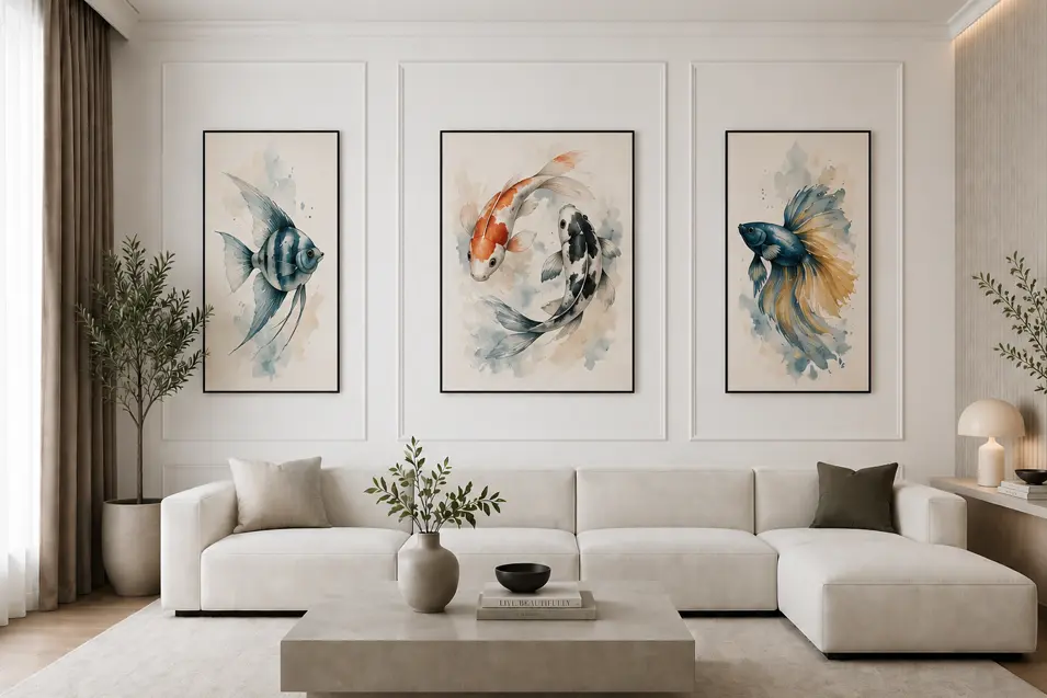Minimalist living room with a white paneled wall, elegant watercolor fish artwork, soft neutral furnishings, and a refined contemporary design.