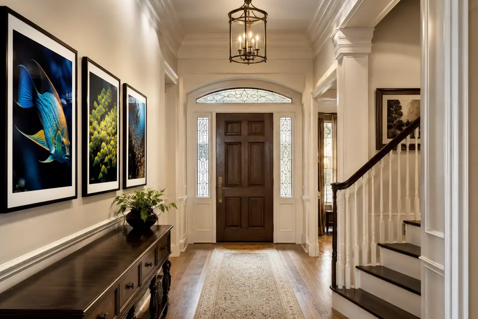 Traditional foyer with elegant woodwork, a grand staircase, and striking framed fish photography creating a sophisticated coastal gallery feel.