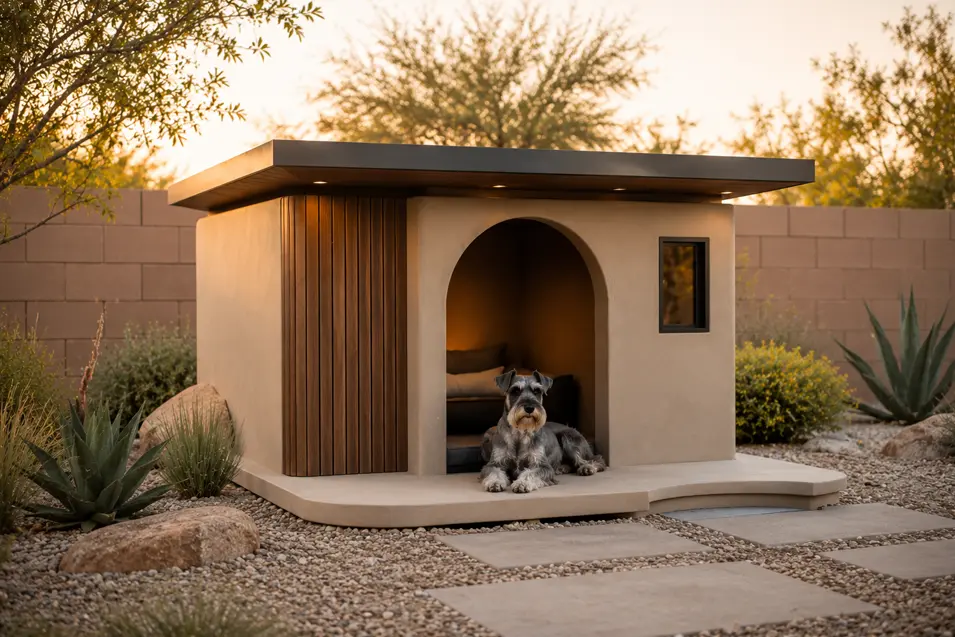 Modern desert-inspired dog house with smooth stucco, warm wood accents, a flat roof, and cozy lighting, featuring a relaxed Miniature Schnauzer.