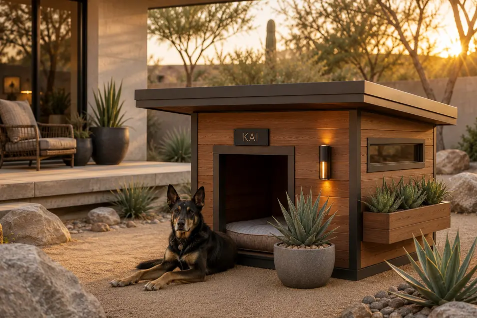 Luxury Desert Modern dog house with warm cedar, sleek lines, desert landscaping, and a Belgian Malinois in a stunning golden-hour backyard.
