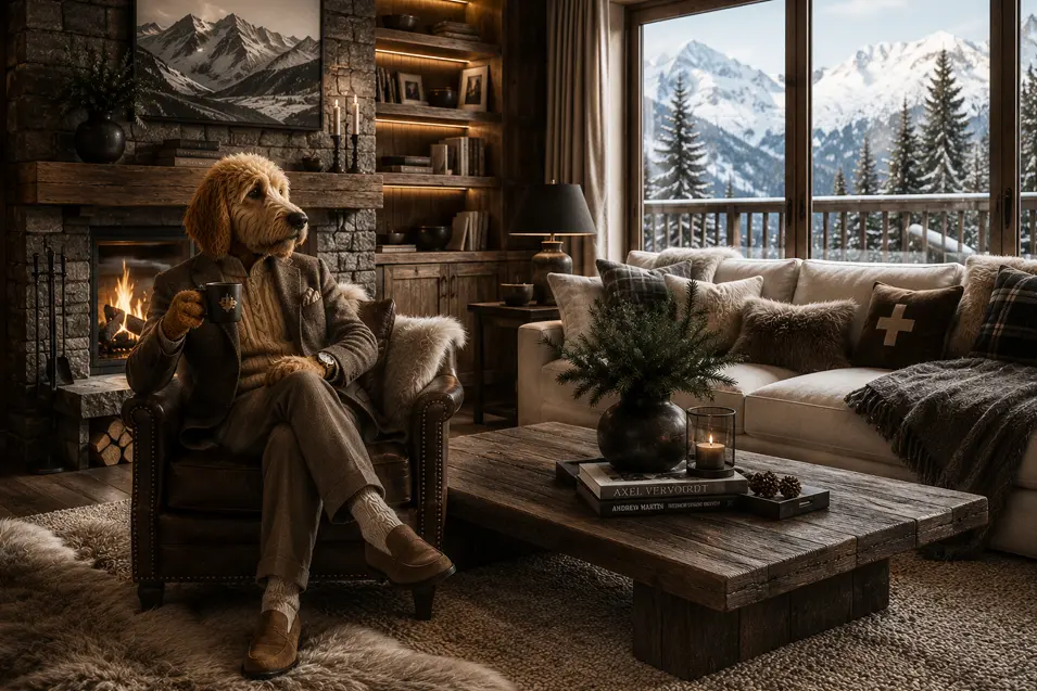 Luxury alpine chalet living room with rustic stonework, rich wood finishes, cozy layered textiles, and warm mountain lodge sophistication.