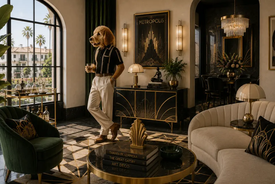 Elegant Art Deco living room with black-and-gold accents, geometric patterns, velvet seating, statement lighting, and glamorous vintage-inspired details.