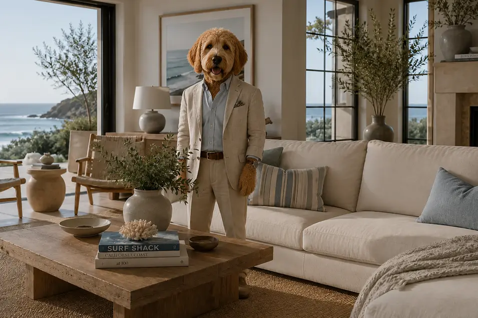 Anthropomorphic goldendoodle in a light suit standing in a coastal-style living room with ocean views, neutral decor, and large sunlit windows.