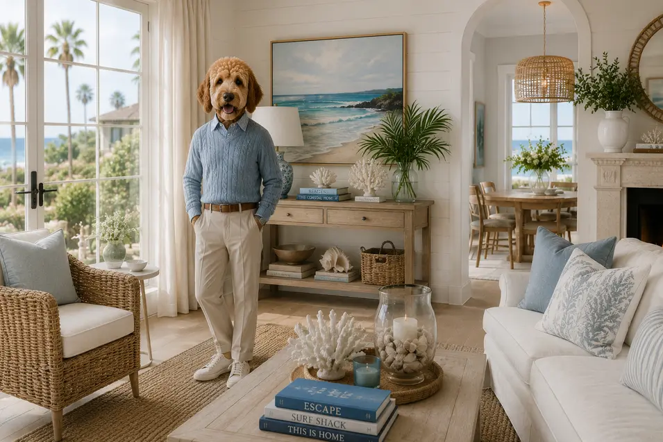 Anthropomorphic golden doodle standing in a bright coastal living room with wicker furniture, soft blue accents, and large sunlit windows.