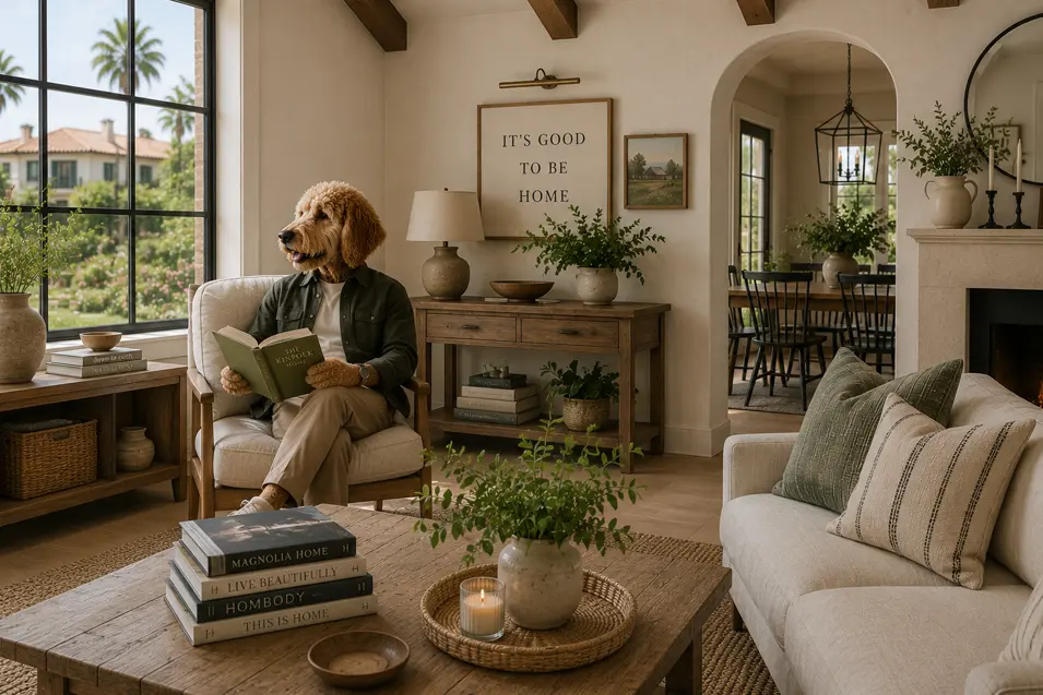 Modern organic farmhouse living room with warm wood accents, neutral textures, rustic furnishings, greenery, and relaxed transitional styling.