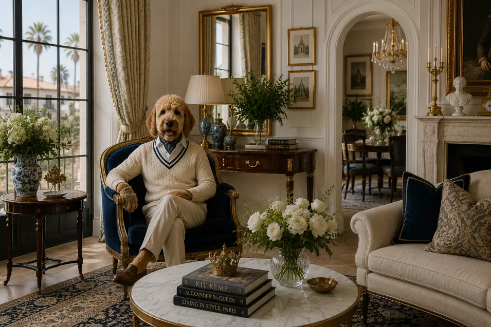 Elegant neoclassical living room with refined traditional furnishings, ornate millwork, rich textiles, marble accents, and timeless European-inspired decor.