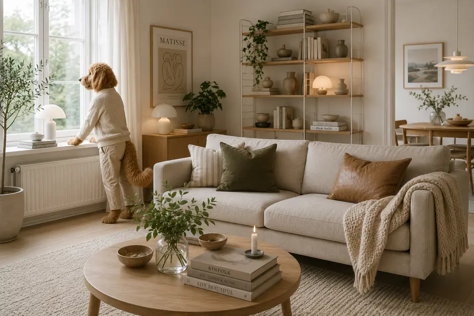 Scandinavian-inspired living room with soft neutral tones, light wood accents, minimalist decor, open shelving, and a warm, cozy hygge aesthetic.
