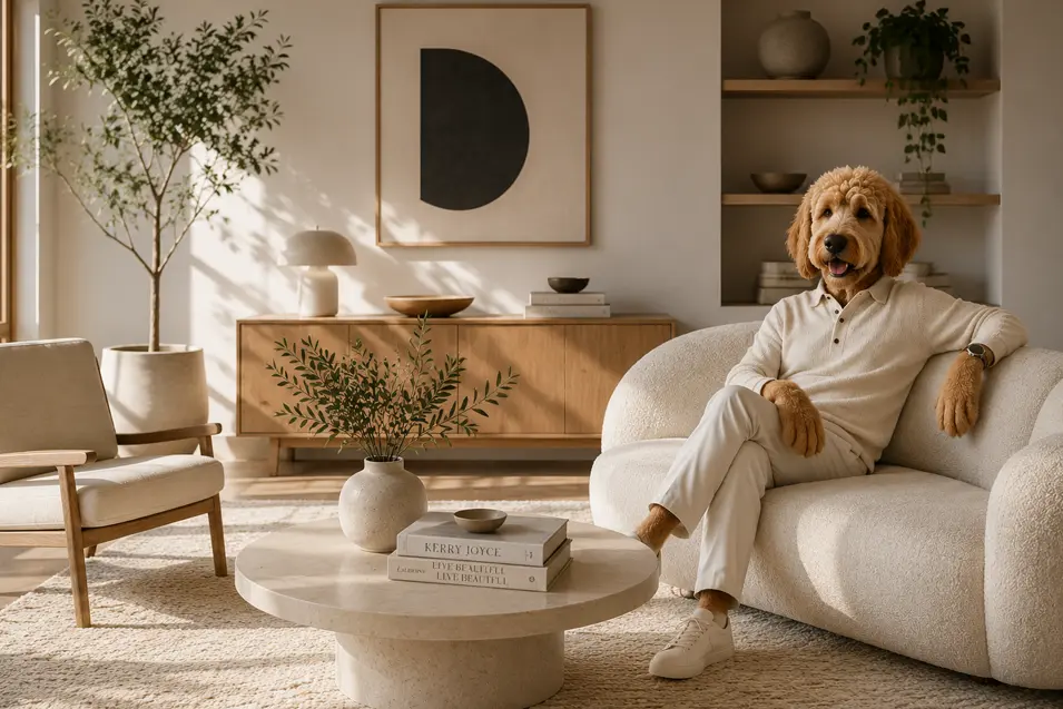 Modern living room with neutral decor and a dog-headed person in white clothing seated on a curved sofa beside a round coffee table.