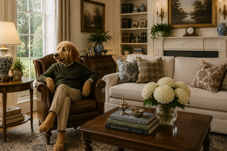 Traditional English country living room with classic furnishings, rich wood tones, floral accents, tailored upholstery, and timeless heritage-inspired decor.