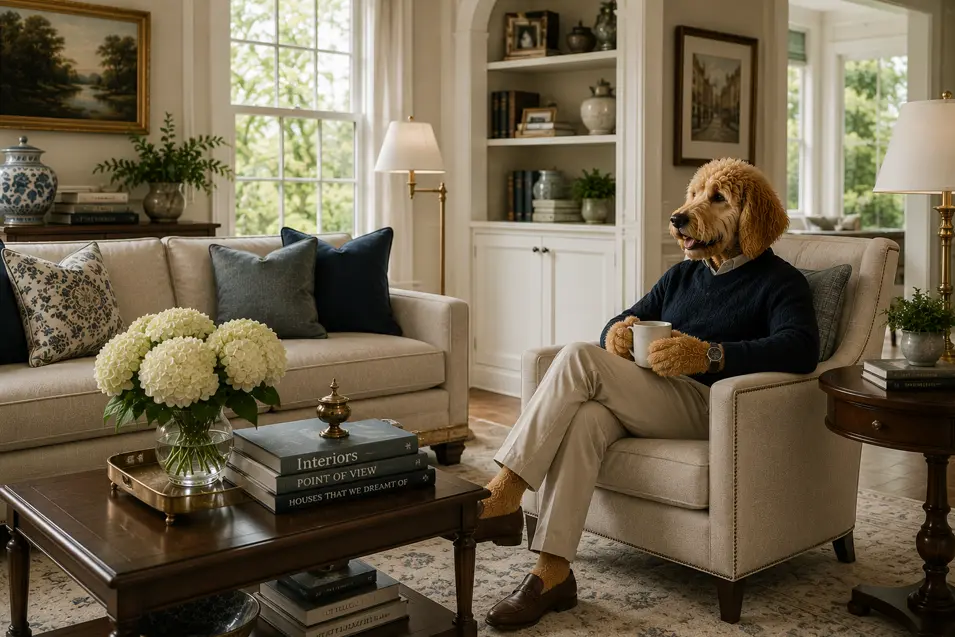 Classic traditional living room with elegant furnishings, neutral tones, built-in shelving, timeless decor, and refined transitional styling.