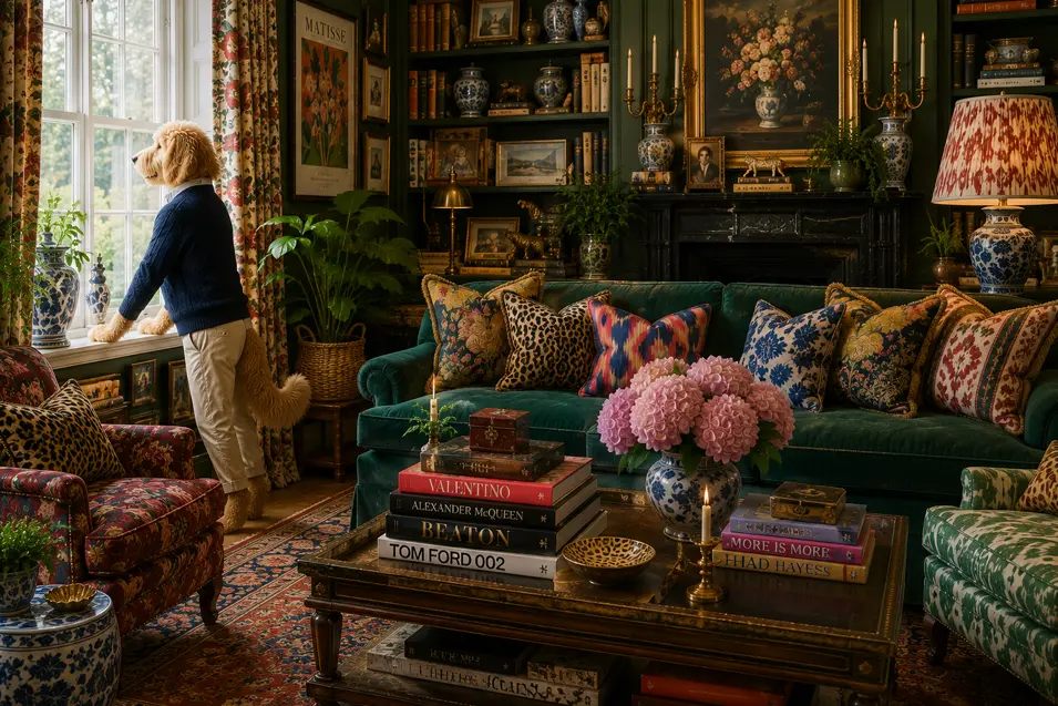 English maximalist living room with layered patterns, rich jewel tones, antique furnishings, floral textiles, and collected heritage-inspired decor.