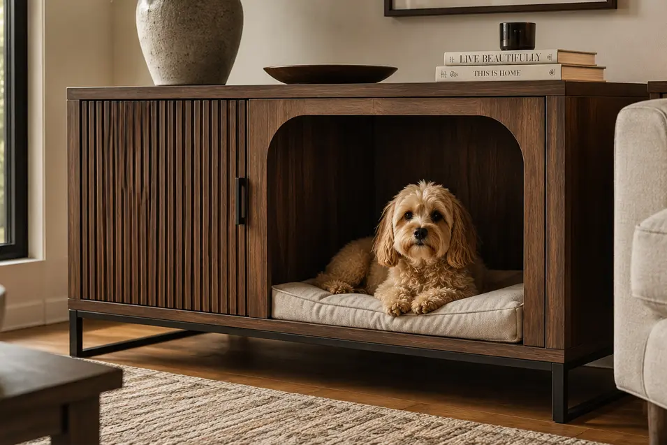 Luxury furniture-style indoor dog house disguised as a modern console cabinet, with a cozy cushion and an adorable Cavapoo relaxing inside.