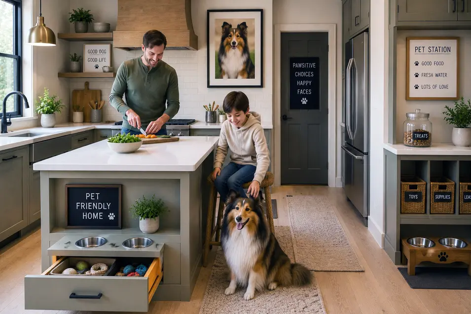 Father and son in a pet-friendly kitchen with a Shetland Sheepdog and built-in pet stations.