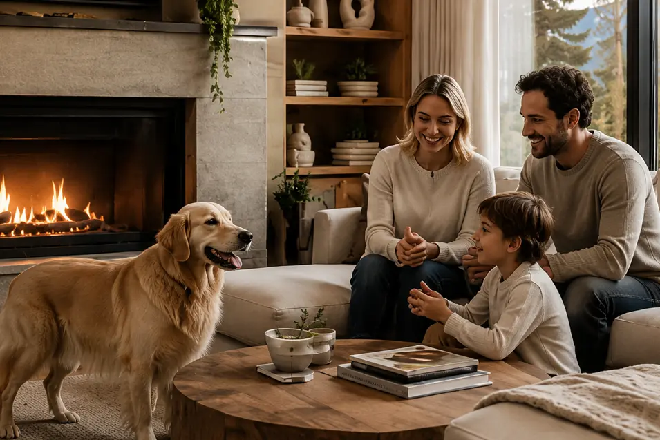 family and the dog in the living room