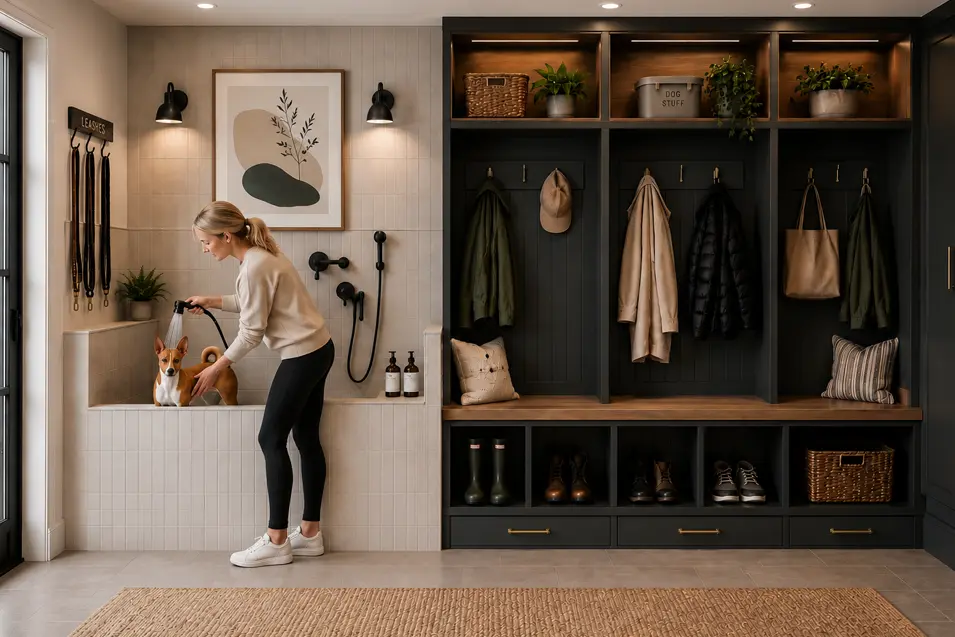 Modern mudroom with a built-in dog wash, blonde woman bathing a Basenji, dark storage lockers, coat hooks, boot cubbies, and warm neutral finishes.