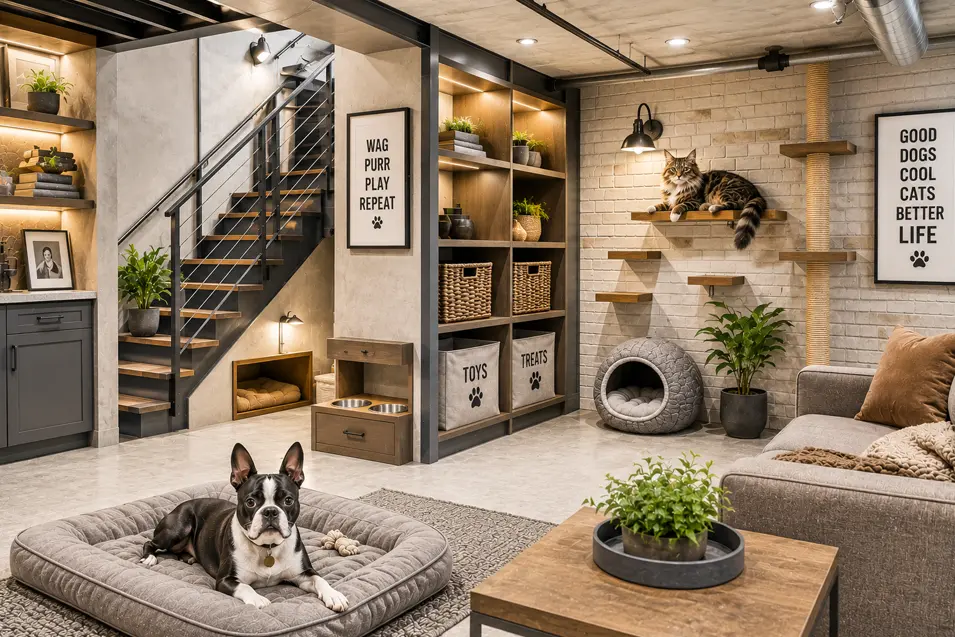 Bright industrial-style pet-friendly basement featuring a Boston Terrier resting on a plush dog bed and a Maine Coon cat lounging on custom wall-mounted shelves. The upscale space combines exposed ceilings, metal accents, warm wood finishes, built-in pet storage, cat climbing features, cozy sleeping nooks, and comfortable lounge seating in a modern, magazine-worthy design.