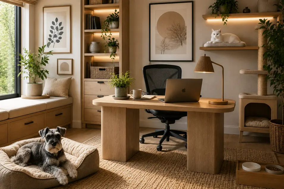 Luxury Japandi-style home office designed for pets and productivity, featuring a Miniature Schnauzer relaxing on a plush dog bed and a white cat lounging on a custom wall-mounted perch. The sophisticated workspace includes a natural wood desk, built-in shelving, indoor plants, soft ambient lighting, a cat climbing tower, and dedicated pet feeding and sleeping areas.