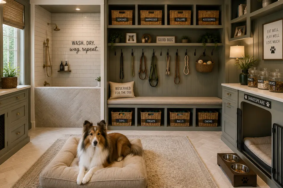 Luxury dog room featuring custom built-in storage for leashes, harnesses, toys, and treats, a dedicated dog washing station, a cozy sleeping nook, elevated feeding area, and a Shetland Sheepdog relaxing on a plush dog bed.