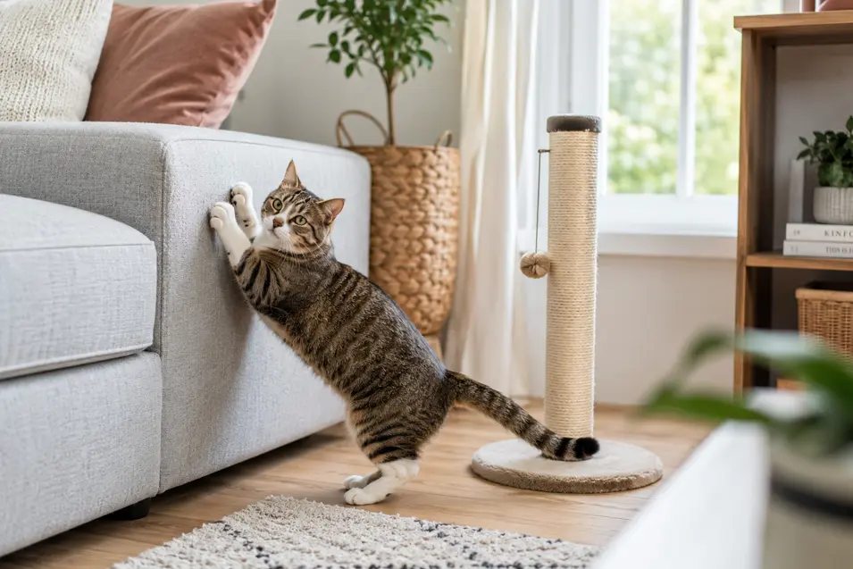 Indoor tabby cat scratching the corner of a sofa while a scratching post stands nearby, illustrating a common pet behavior in a bright home.