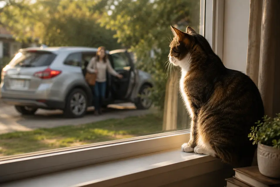 Cat sits on a windowsill watching its owner step out of a car in the driveway, bathed in warm afternoon sunlight.