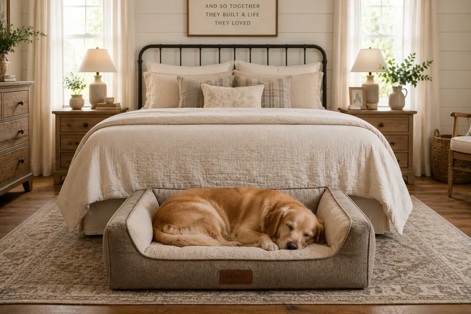 Golden retriever sleeps peacefully in a custom dog bed at the foot of a farmhouse-style bed in a cozy, upscale bedroom with warm neutral décor.