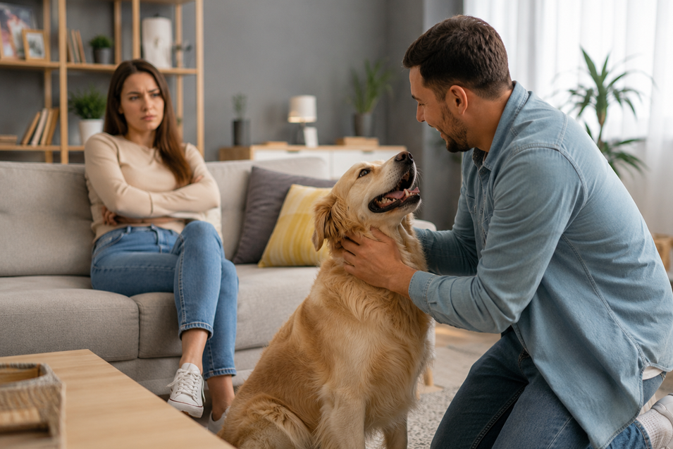 Golden retriever happily focuses on a man kneeling beside it while a frustrated woman sits on the couch, feeling overlooked in a cozy living room.