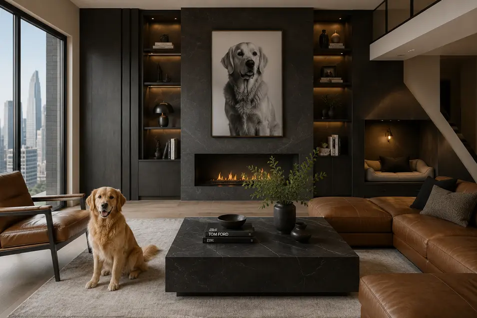 Modern luxury living room with leather seating, a built-in dog bed, oversized dog portrait above a fireplace, and a Golden Retriever resting nearby.