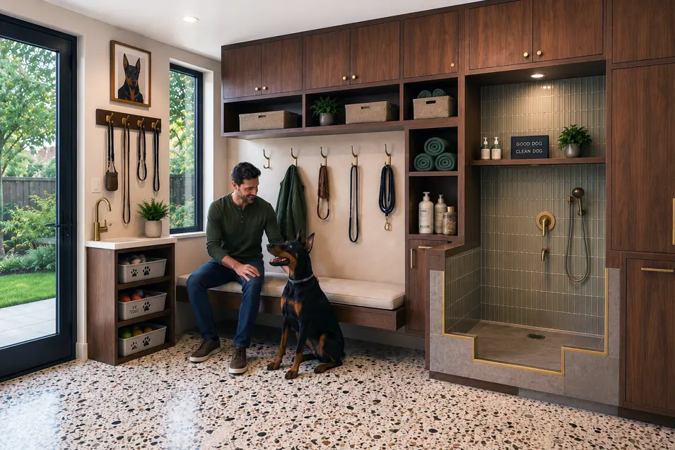 Modern mudroom with built-in dog wash station, dark wood cabinetry, and a man sitting beside a Doberman, surrounded by pet storage and grooming supplies.