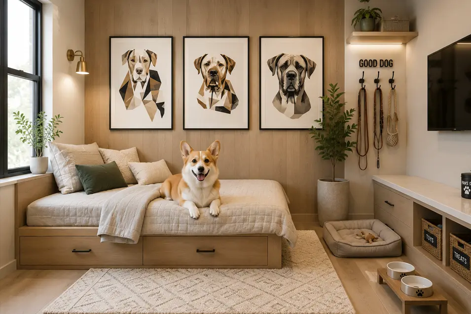 Bright modern dog room featuring a built-in daybed, custom storage for pet supplies, elevated feeding station, wall-mounted leash organization, and a happy Welsh Corgi relaxing in a stylish, pet-friendly space.