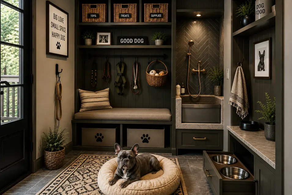 Space-saving dog room for small homes featuring dark custom cabinetry, a built-in dog bed, organized storage for leashes and supplies, a compact dog wash station, and a French Bulldog relaxing in a cozy pet-friendly nook.