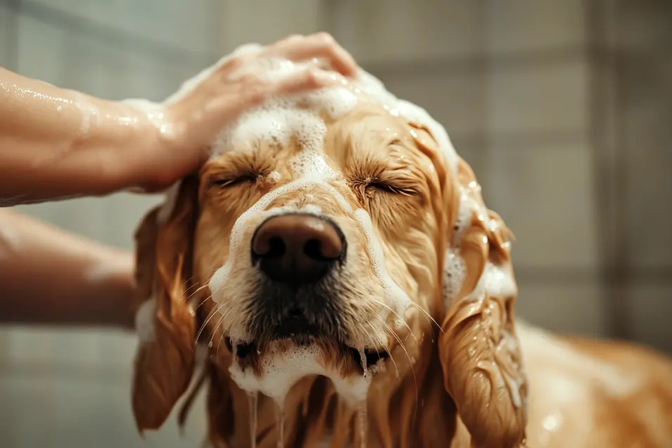 dog taking a bath