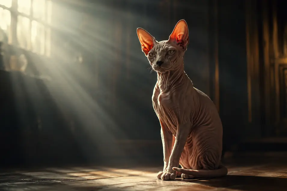 A regal Sphynx cat sits in dramatic cinematic light, with glowing volumetric rays and rich shadows highlighting its striking features.