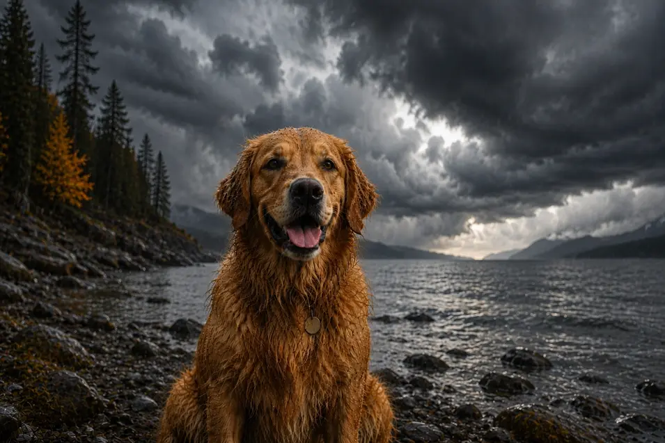 Wet Golden Retriever sitting on a rocky lakeshore beneath dramatic storm clouds, with dark skies, rippling water, and rugged mountain scenery.
