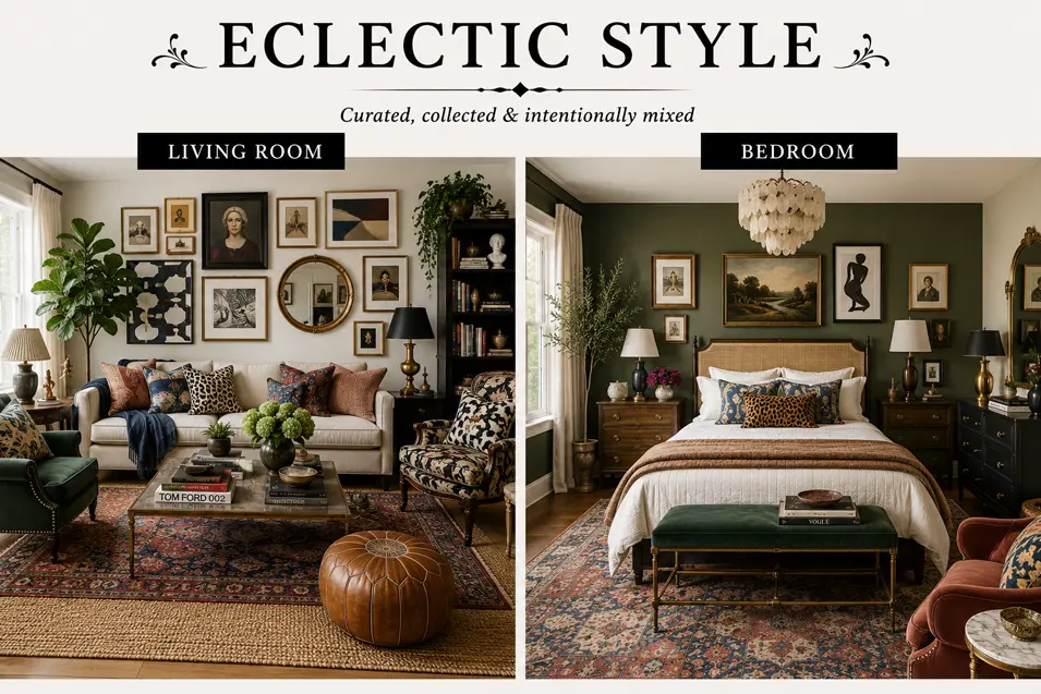 Eclectic style interior showcase featuring a curated living room and bedroom with layered patterns, mixed furnishings, gallery walls and collected character.