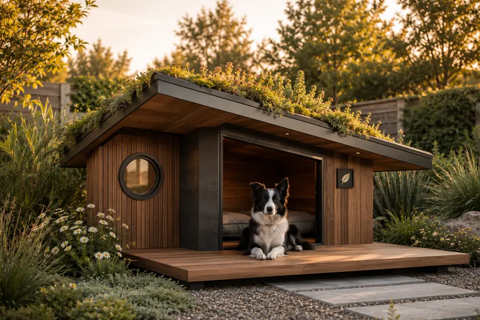 Modern eco-friendly dog house with a living green roof, warm cedar accents, and a spacious deck, featuring an alert Border Collie at golden hour.