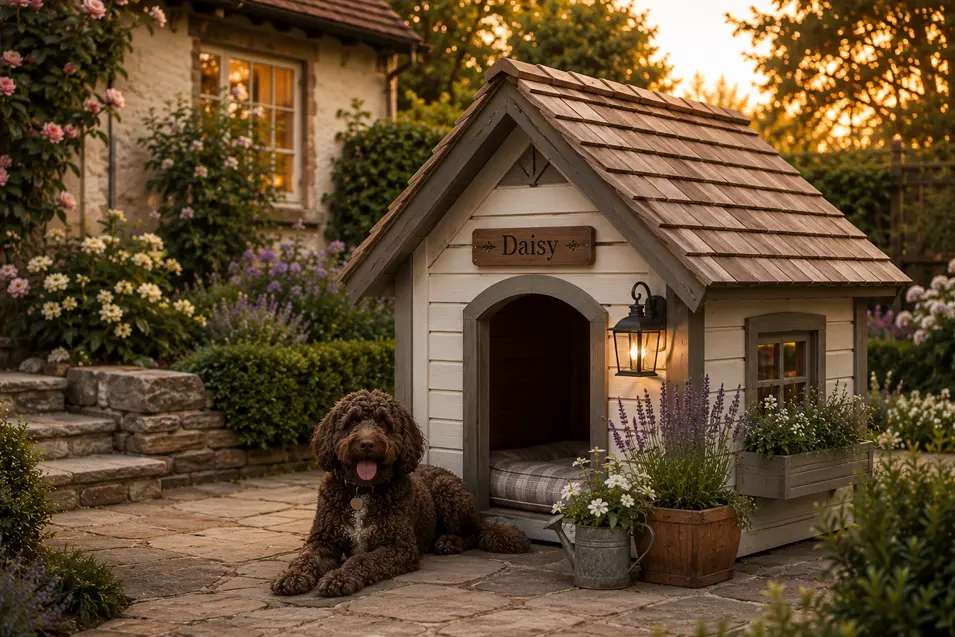 Luxury English Cottage dog house with cedar, charming cottage details, blooming gardens, and a Labradoodle in a picturesque backyard.