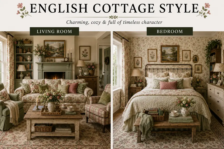 English Cottage style interior showcase featuring a cozy living room and bedroom with floral patterns, vintage furnishings, soft colors and charming cottage character.