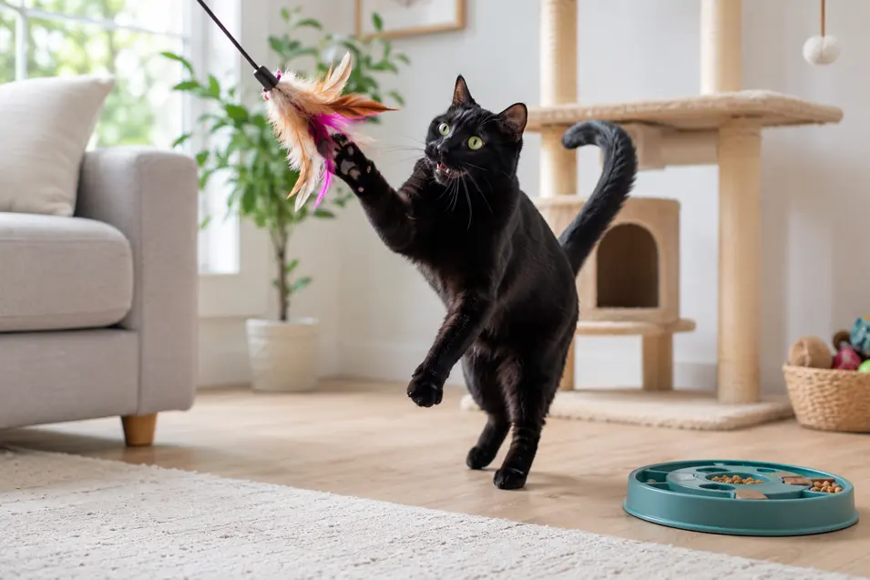 Happy black cat playing with a feather wand toy near a cat tree and puzzle feeder, enjoying active indoor enrichment in a bright modern home.