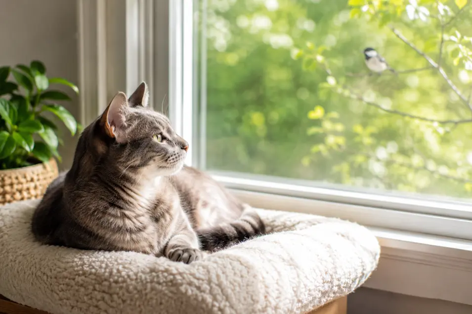 Senior tabby cat relaxing on a cushioned window perch, peacefully watching birds outside in warm sunlight within a cozy pet-friendly home.