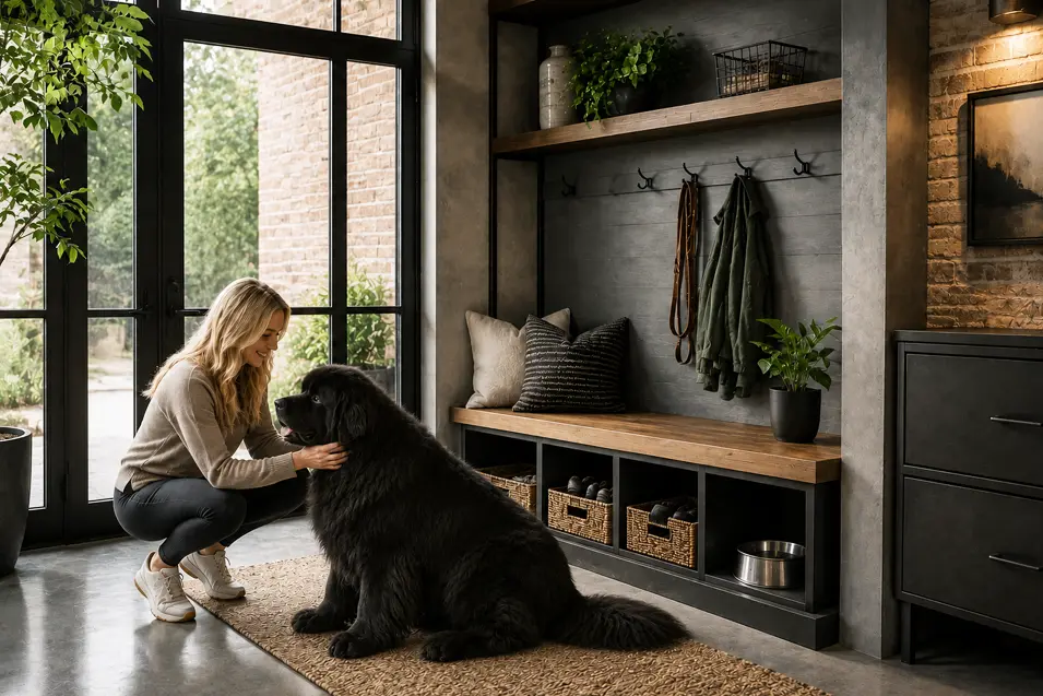 Luxury industrial-style entryway designed for dog owners, featuring a blonde woman greeting a large Newfoundland dog beside a custom mudroom bench. The upscale space includes floor-to-ceiling black-framed windows, built-in storage cubbies, woven baskets, leash organization, warm wood accents, concrete floors, indoor plants, and sophisticated modern finishes.