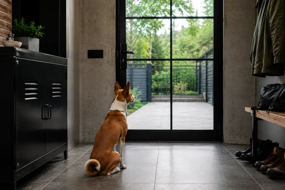 Basenji dog sitting by a closed glass entry door in an industrial-style mudroom with steel accents, durable flooring, and a modern pet-friendly entryway design.