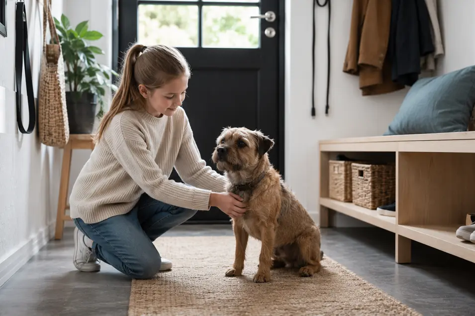 Young girl kneeling beside a Border Terrier in a bright Scandinavian-style entryway featuring light wood storage, woven baskets, and a pet-friendly design focused on safety and organization.