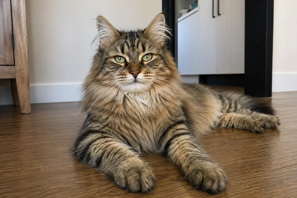 A candid iPhone-style photo of a fluffy tabby cat lounging on a hardwood floor in natural light, with a cozy home background and relaxed expression.